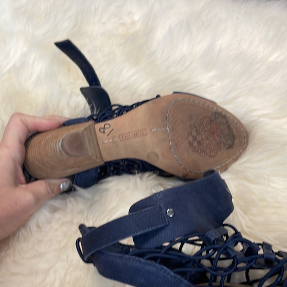 Vince Camuto Evel Caged Wooden Stacked Heel Sandal Navy Blue Size 7 - Picture 4 of 4